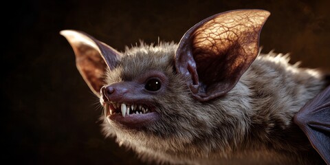 Macro close-up of a bat’s head with fur details and large translucent ears