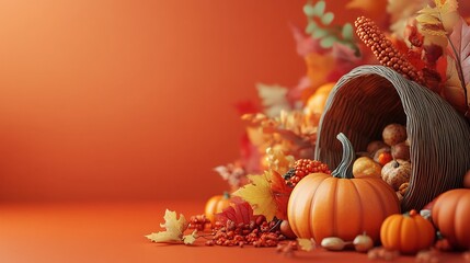 contemporary 3D Thanksgiving design with pumpkin and cornucopia in a minimalist style, perfect for modern holiday decorations and autumn-inspired