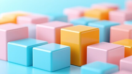Naklejka premium Colorful pastel blocks in an abstract arrangement. Soft hues of pink, blue, and yellow cubes on a smooth surface.