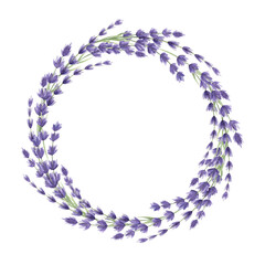 Lavender elegant floral wreath decor watercolor painted illustration. Vintage style round decoration made from lavender flower. Aroma lavandula organic herb rustic wreath on white background