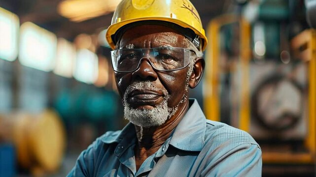 The Veteran's Gaze: A close-up portrait of a seasoned worker, his face etched with years of experience, looking directly at the camera with an air of determination and resilience. He wears a yellow ha