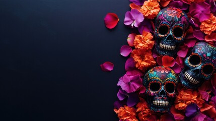 Colorful sugar skulls with flowers on dark background. Concept of Dia de los Muertos, Mexican tradition.