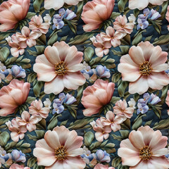 Illustration of nature flower. Seamless patterns in stumpwork embroidery style of floral.[B-0180]