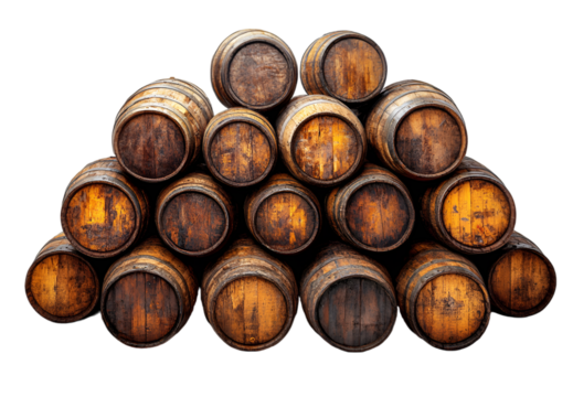a stack of wooden barrels. 