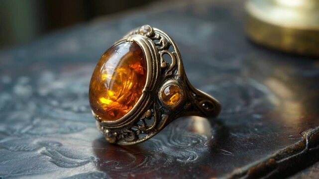 Close-up of an ornate ring with a glowing amber stone.
