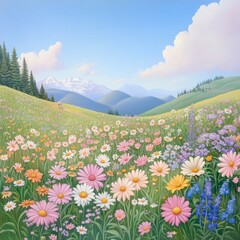 Fototapeta premium A vibrant field of colorful flowers under a bright blue sky, set against majestic mountains and lush greenery.