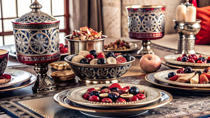 Naklejka premium Dried fruits are decorate on intricately designed dinnerware.