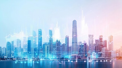 Fototapeta premium A cityscape with skyscrapers forming an upward graph, illustrating economic progress and the culmination of collective ambitions and skills