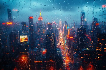 Obraz premium A cityscape seen through a rain-soaked window