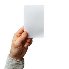Man's hand holding blank paper on transparent background.