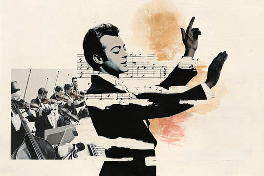 Vintage collage portrait of Mozart conducting a grand symphony in Vienna, his hands raised in a flourish