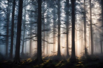 Naklejka premium Shiny beams of light cutting through the fog in a mystical dark forest at dawn, Ai Generated