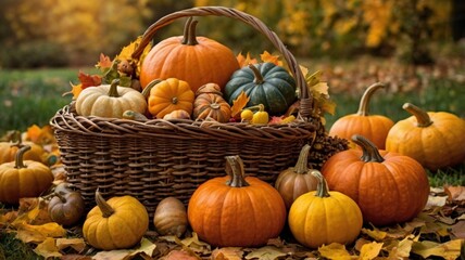 an image of a wicker basket overflowing with fresh fall harvest items like pumpkins, apples, corn, and squash.