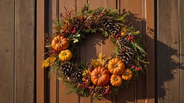 an image of a rustic, autumnal wreath hanging on a wooden door, decorated with fall leaves, berries, pinecones, and small pumpkins