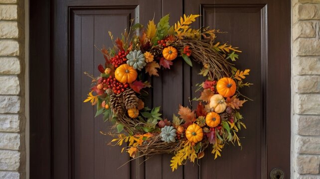an image of a rustic, autumnal wreath hanging on a wooden door, decorated with fall leaves, berries, pinecones, and small pumpkins