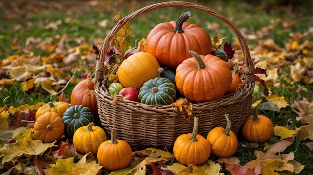 an image of a wicker basket overflowing with fresh fall harvest items like pumpkins, apples, corn, and squash.