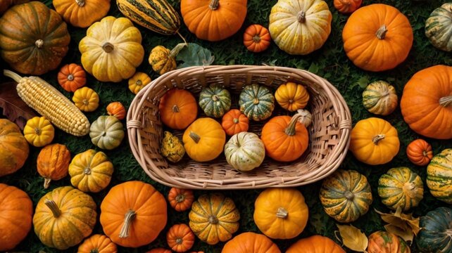 an image of a wicker basket overflowing with fresh fall harvest items like pumpkins, apples, corn, and squash.