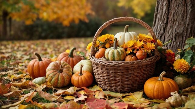 an image of a wicker basket overflowing with fresh fall harvest items like pumpkins, apples, corn, and squash.