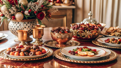 Fototapeta premium Dried fruits are decorate on intricately designed dinnerware.