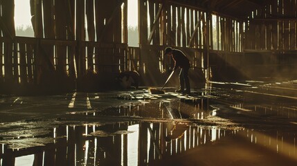 Man Sweeping Barn Floor