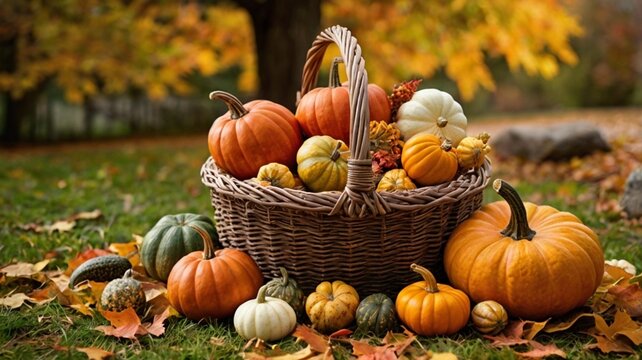 an image of a wicker basket overflowing with fresh fall harvest items like pumpkins, apples, corn, and squash.