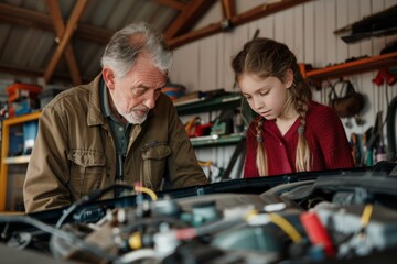 Grandfather and granddaughter work on a car