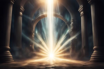 Fototapeta premium Shiny rays of light bursting from a magical portal illuminating a dark fantasy realm, Ai Generated