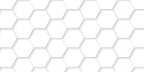 Naklejka premium Honeycomb geometric white grid emboss hexagonal background. Vector abstract 3d white hexagon realistic mesh web cell hexagon honeycomb texture. 
