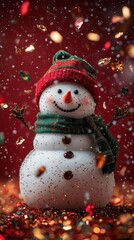 A traditional real snowman with a green scarf and a red hat on a red solid color background with flying red gold and green metallic confetti. phone background wallpaper 