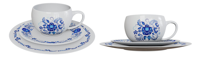 Russian traditional Gzhel porcelain with blue painting. Coffee cup, saucer. 3D render. PNG.