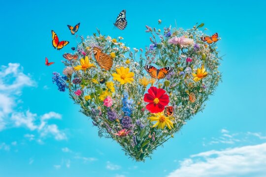 A vibrant heart made of colorful flowers and butterflies. This artistic creation symbolizes love and nature. Perfect for decorations or messages about beauty and harmony. Generative AI