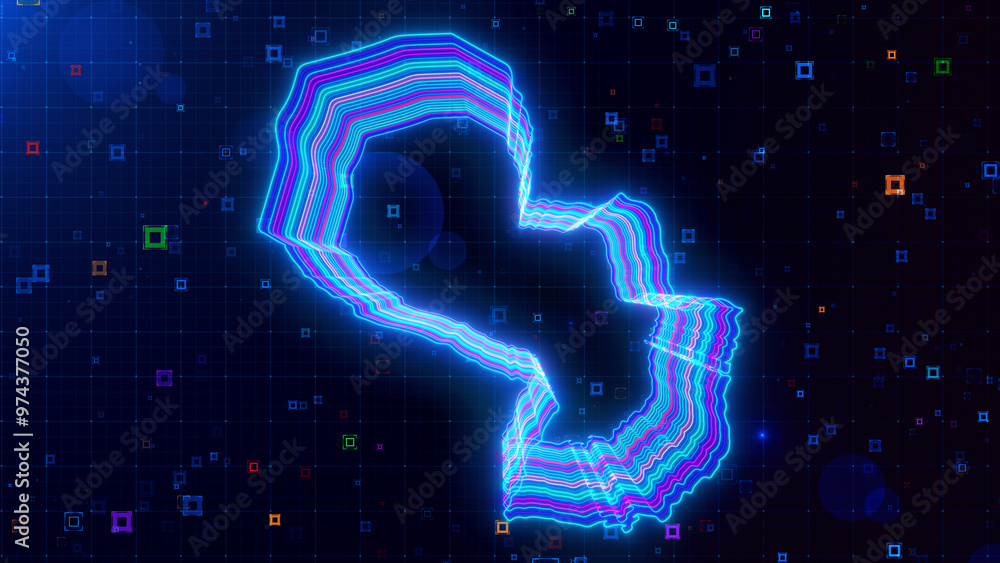 Poster a vibrant digital artwork of paraguay map outlined with neon lines, set against a futuristic grid ba