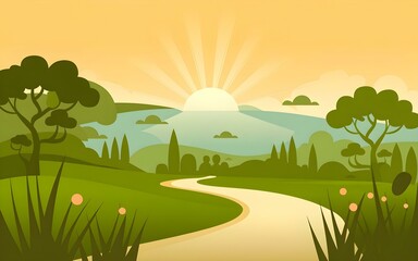 Obraz premium Illustration of a winding road through lush green landscape with tall trees pink flowers rolling hills and mountains under a warm orange sky with a bright sun