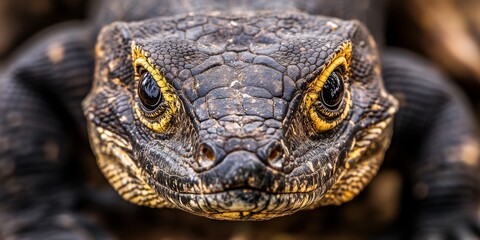 Ultra-close macro shot of a monitor lizard's head, highlighting textured scales and intense yellow eyes
