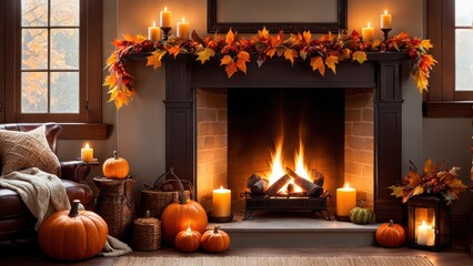 Obraz premium A cozy autumn scene featuring a fireplace adorned with colorful leaves, pumpkins, and candles, evoking warmth and comfort.