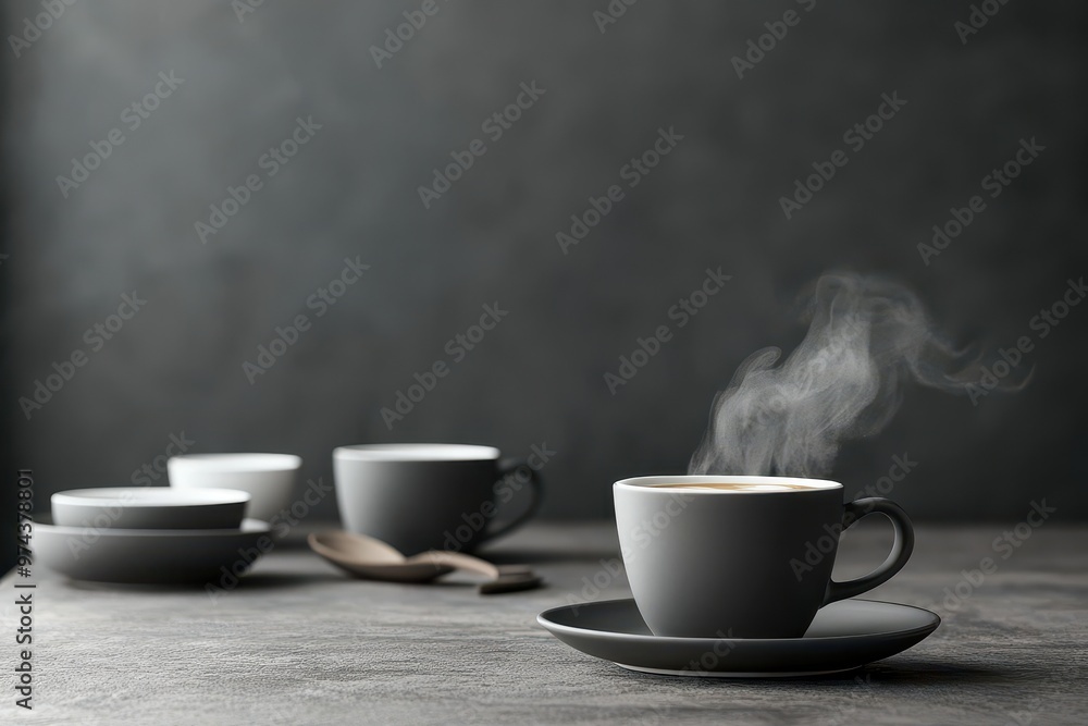 Poster a steaming cup of coffee on a textured surface with additional cups in the background.