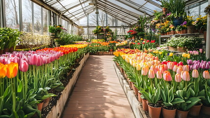 Vibrant Colorful Tulip Garden Greenhouse Blooming Flowers Nature