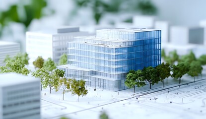 A model of a modern office building with surrounding trees on a blueprint.