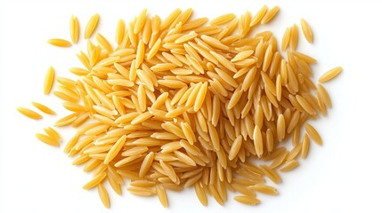 Fototapeta premium Golden Orzo Pasta Scattered on a White Background, Perfect for Culinary Creations and Dishes