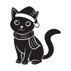 Christmas cat in Santa Hat and Scarf, silhouette vector, isolated on white background, black and white silhouette, vector and illustration