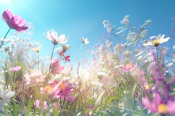 flower, Behind petals of cosmos flower with blur sky background., spring flower meadow in soft pastel tone with bokeh and sky background.