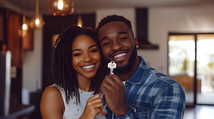 Happy Couple Celebrating New Home Ownership Together Smiling Holding Keys