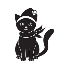 Christmas cat in Santa Hat and Scarf, silhouette vector, isolated on white background, black and white silhouette, vector and illustration