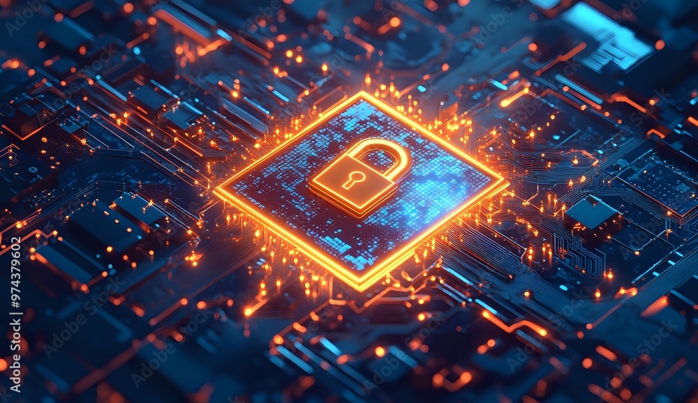 Poster cyber security concept with glowing circuit board and a padlock.