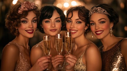 glamorous flappers enjoying champagne at a vintage Gatsby-themed party, featuring 1920s fashion, elegant dresses, and retro style, embodying the opulence and social allure of the roaring twenties