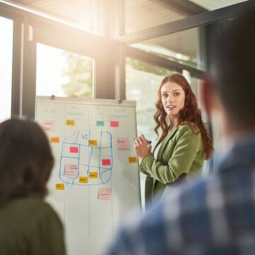 Business woman, whiteboard and presentation for conference, workshop and writing development objectives. Manager, proposal and post it for project management, communication and corporate training