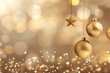 Festive Golden Christmas Ornaments Hanging Against a Sparkling Golden Background