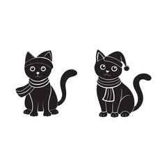 Christmas cat in Santa Hat and Scarf, silhouette vector, isolated on white background, black and white silhouette, vector and illustration