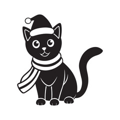 Christmas cat in Santa Hat and Scarf, silhouette vector, isolated on white background, black and white silhouette, vector and illustration