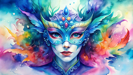 Fototapeta premium Watercolor portrait of a woman in a colorful mask with artistic background and copy space 